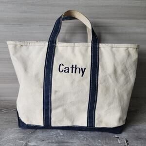 Vintage LL Bean Boat & Tote Navy Blue Zip Top Stiff Canvas Bag 15 x 20” Cathy